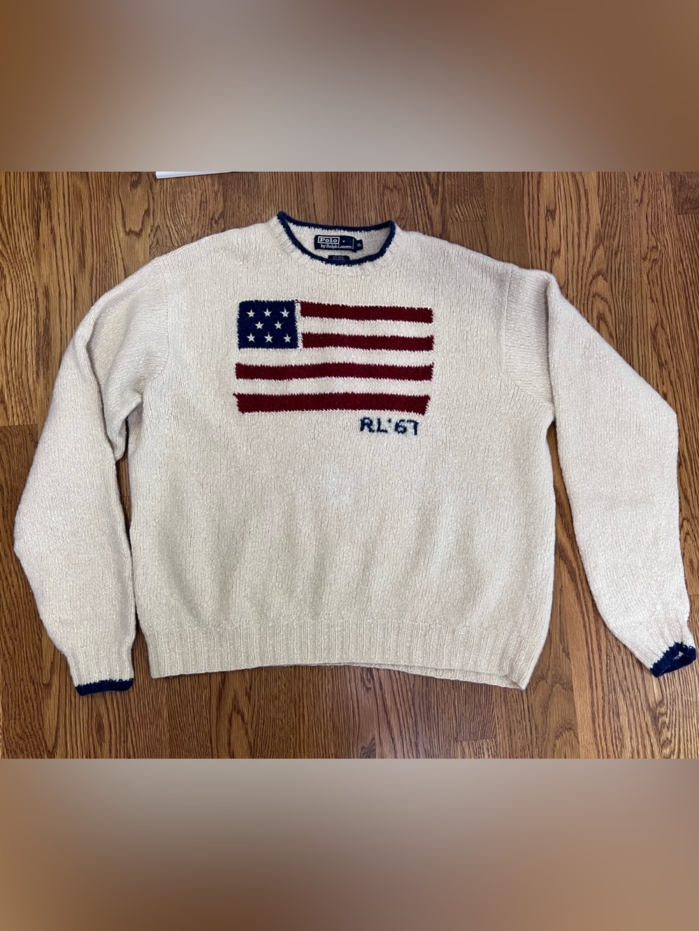 Vintage Polo Ralph Lauren Hand Knit RL 67 Flag Wool Sweater XL